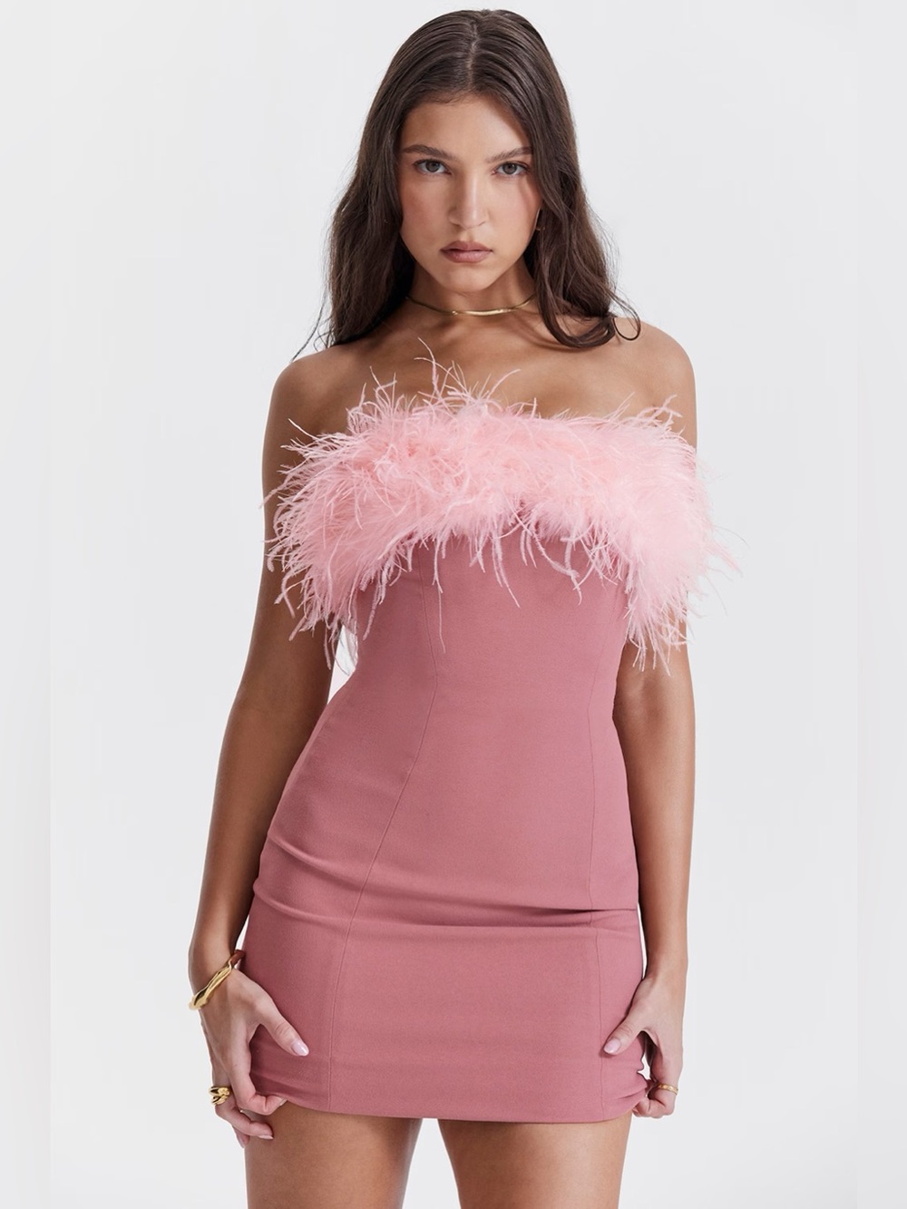 NWT House of CB Alexa Warm Pink Strapless Ostrich Feather Trim Mini Dress L